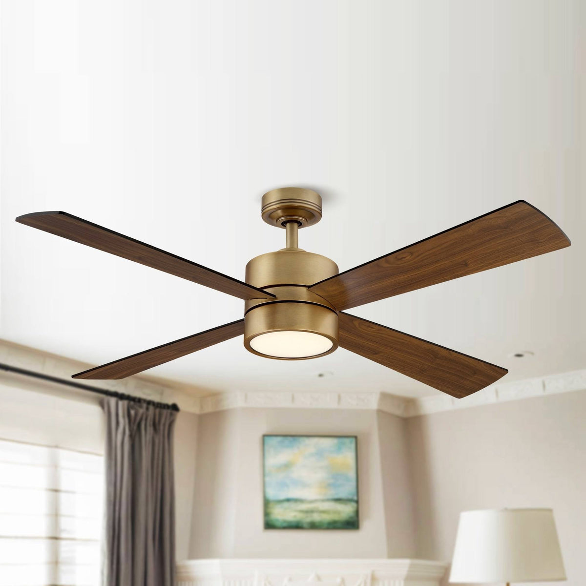 52" Wooden 4 Blade Brushed Brass LED Ceiling Fan with Remote Walnut